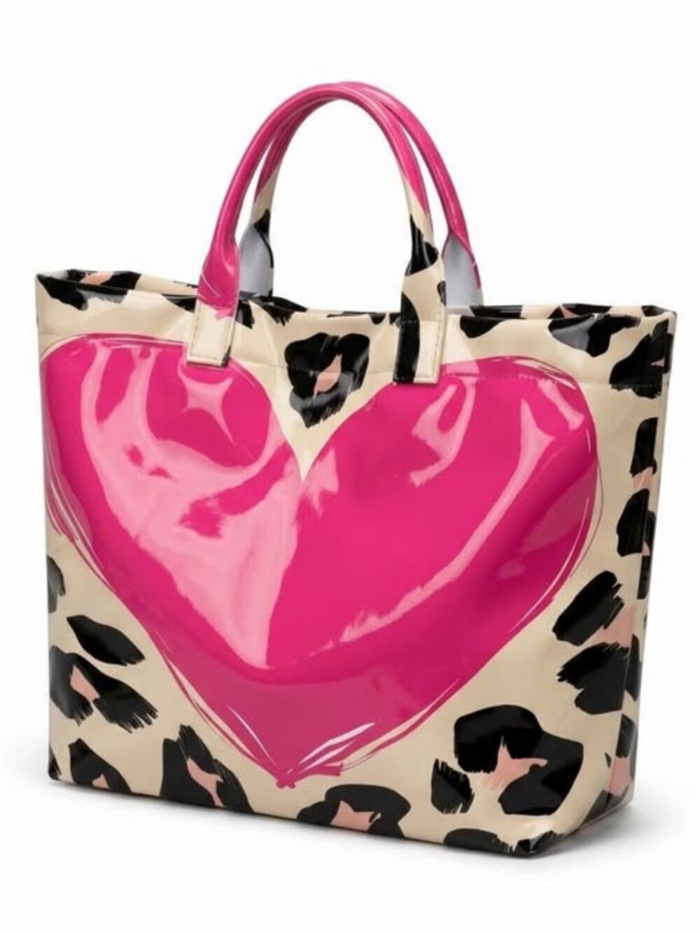 Back To School Leopard Print Stylish Faux Leather Pink Heart Tote Bag Waterproof